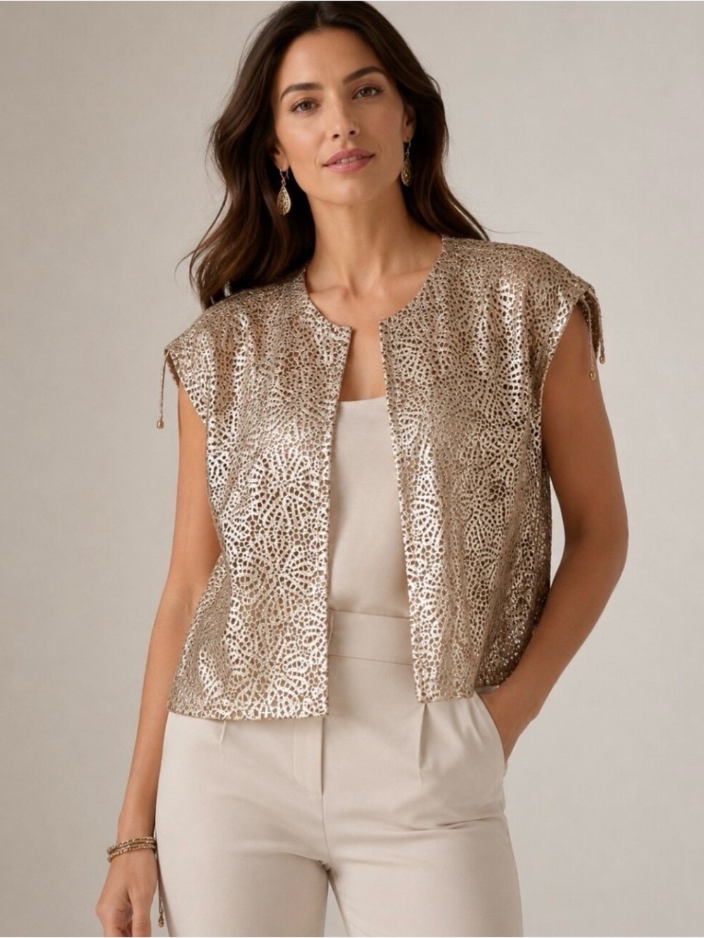 Grayse Metallic Italian Leather Laser Cut Open Front Jacket Small Gold sz S EUC